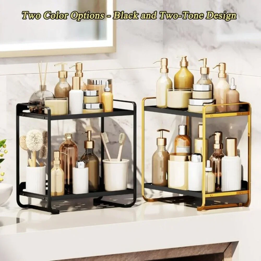 New 2-Tier Black & Gold Skincare Organizer Tray for Vanity & Room Decoration